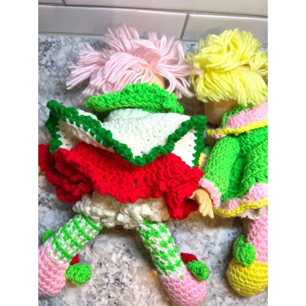 3 Vintage Crochet & Vinyl Dolls Retro Strawberry Lollipop Shortcake Style Yarn